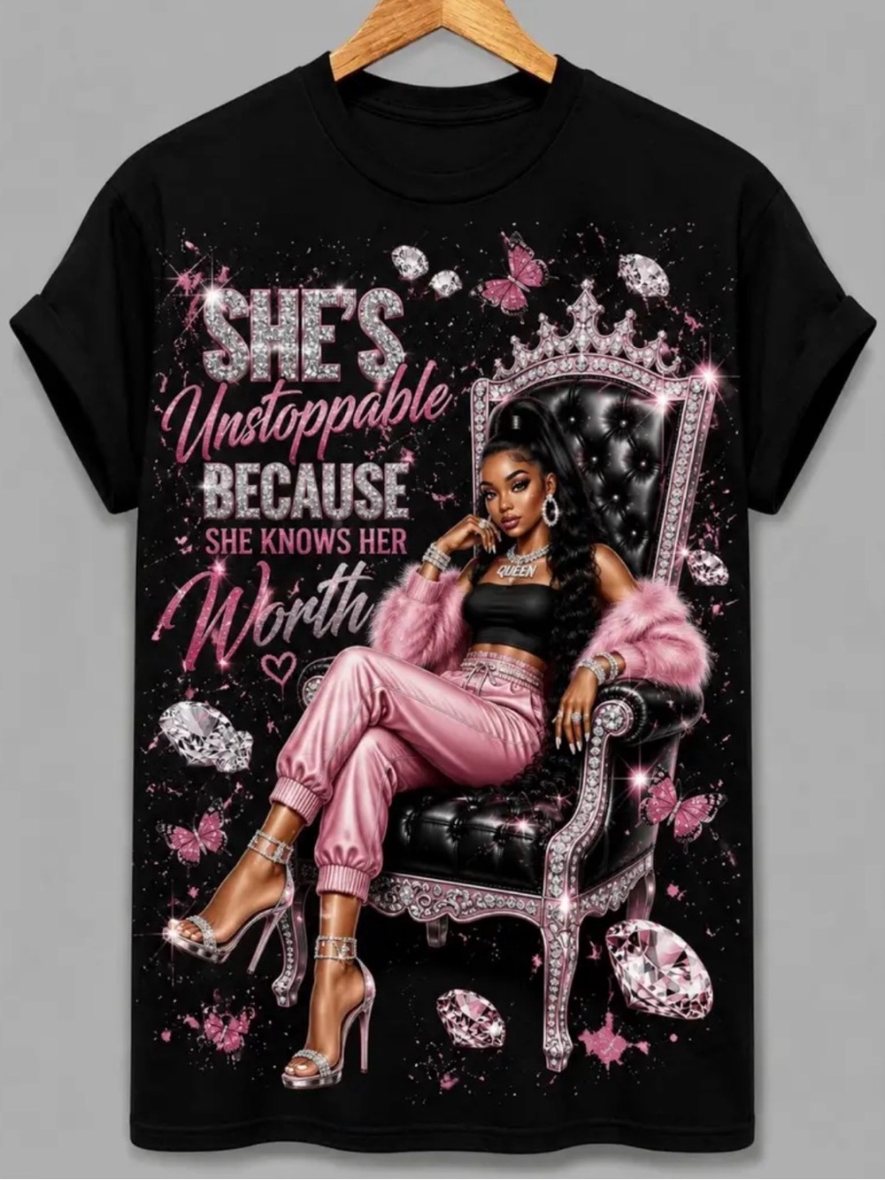 Womens black tee shirt t shirt Queen unstoppable because she’s worth it. Large